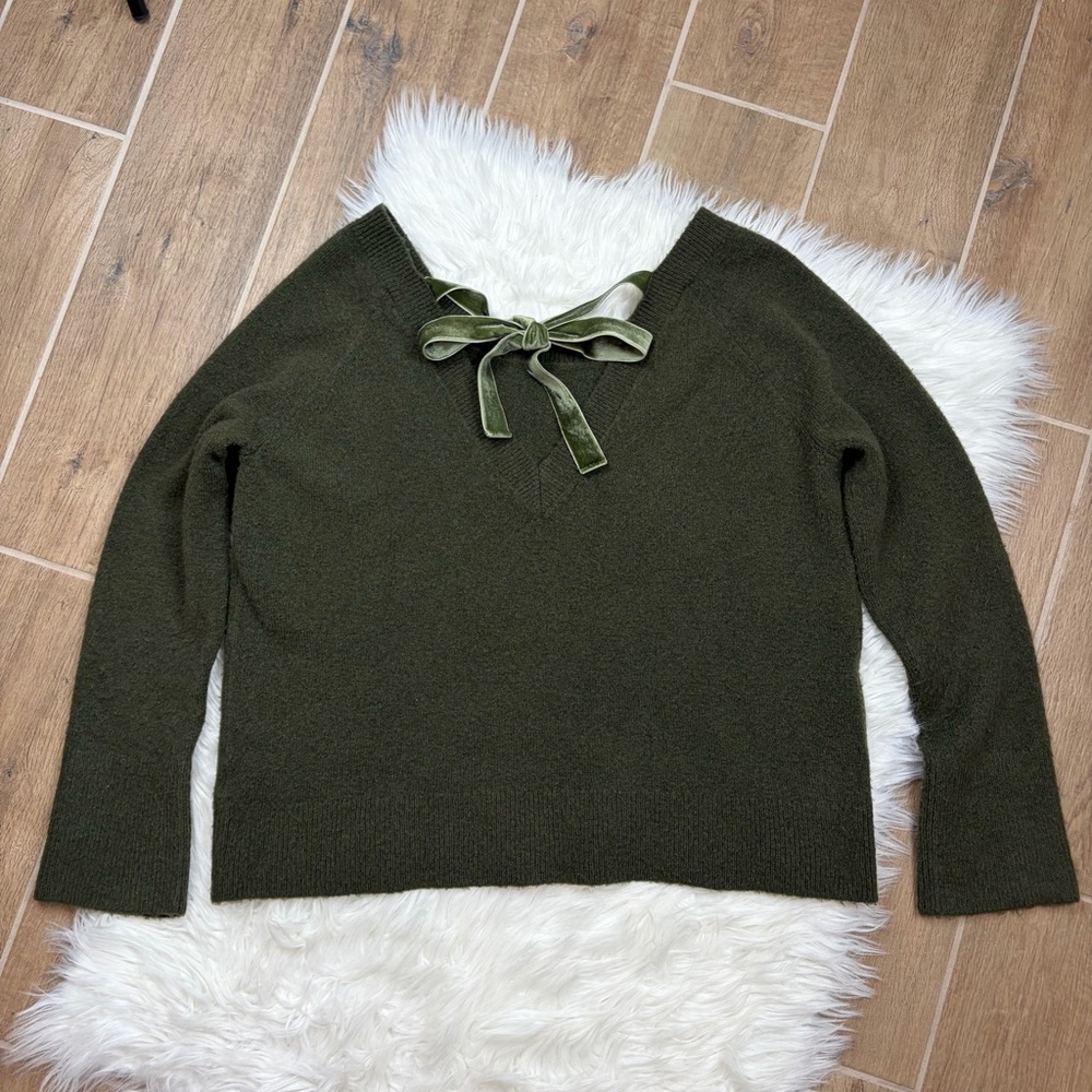 J.Crew Olive Green V-Back Sweater with Velvet Tie - Picture 5 of 11